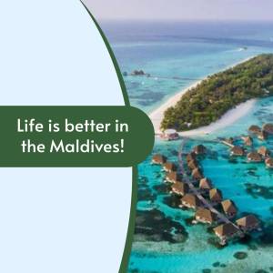 Aerial view of overwater bungalows in the Maldives with turquoise water and white sand beaches.