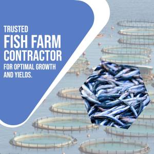 Image of a fish farm with text overlay promoting a contractor for optimal growth and yields.