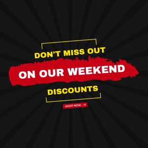 Black and red promotional graphic for weekend discounts