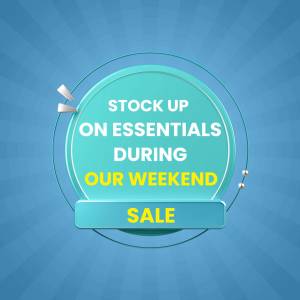 Blue promotional banner with text 'Stock Up on Essentials During Our Weekend Sale'