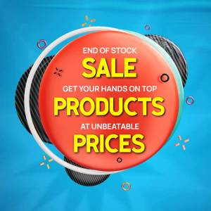 Sale promotion graphic with text 'End of Stock Sale' and 'Get Your Hands on Top Products'