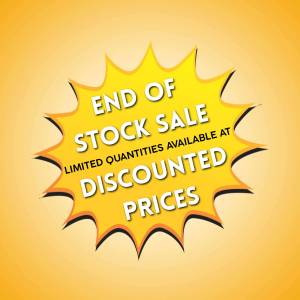 Yellow starburst graphic with text 'End of Stock Sale' and 'Discounted Prices'