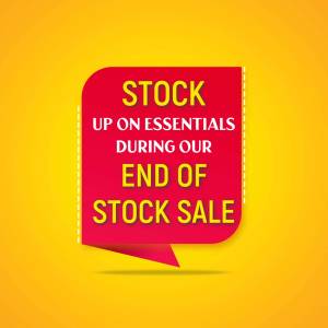 Red sale banner on a yellow background promoting an end of stock sale.