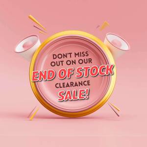 Graphic announcing an end of stock clearance sale with megaphones and bold text.