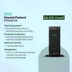 Hewlett Packard Enterprise ML350 Gen10 server in a studio setting with specifications listed.
