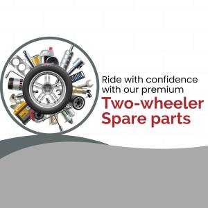 Image of a wheel filled with various two-wheeler spare parts with text promoting premium spare parts.