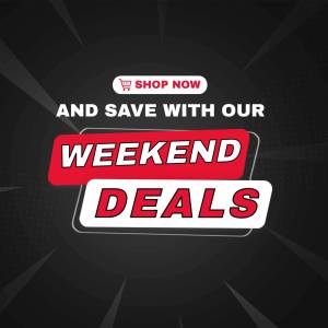 Graphic promoting weekend deals with a shopping cart icon and bold text.