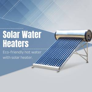 A solar water heater with evacuated tubes against a blue gradient background.