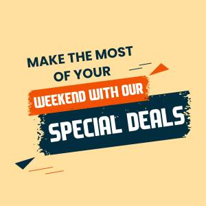 Graphic promoting weekend deals with text and geometric shapes.