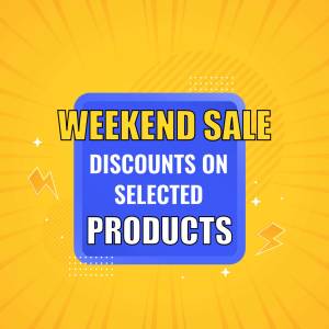 Graphic announcing a weekend sale with discounts on selected products.