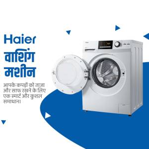 Haier washing machine with open door and blue graphic elements
