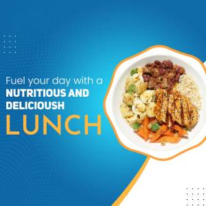 A colorful lunch bowl with grilled chicken, beans, rice, and vegetables.