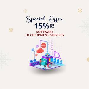 Graphic advertising a 15% discount on software development services with a futuristic design.
