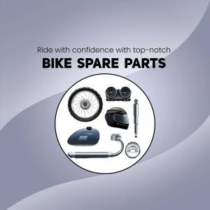 Image showcasing various bike spare parts including a helmet, wheel, brakes, and shock absorbers.