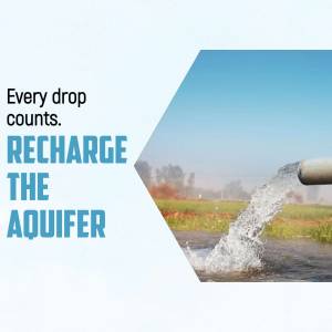 Water flowing from a pipe into a field with text 'Every drop counts. Recharge the Aquifer'