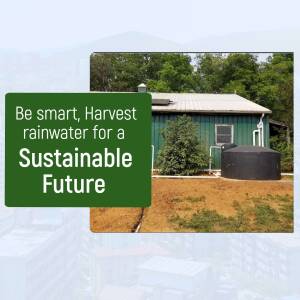 Image of a house with a rainwater harvesting system and a green banner promoting sustainable practices.