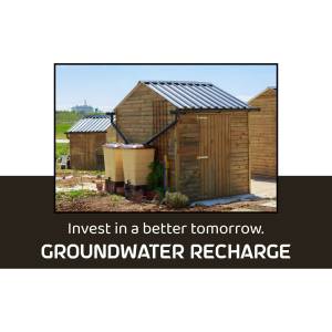Wooden sheds with rainwater harvesting tanks promoting groundwater recharge