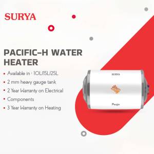 Surya Pacific-H Water Heater advertisement with product details