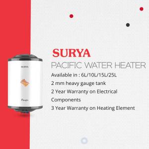 Surya Pacific Water Heater advertisement with specifications