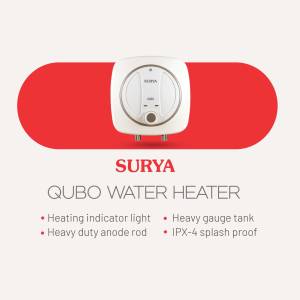Surya Qubo Water Heater with red background and product features