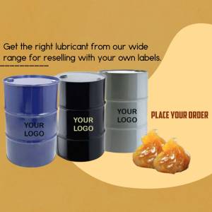 Three barrels with 'Your Logo' labels and lubricant grease, advertising private label reselling.