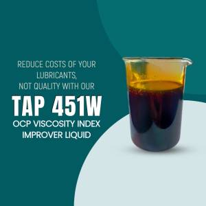 Image of a beaker filled with amber liquid promoting TAP 451W viscosity index improver.