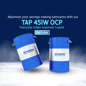 Two blue barrels of TAP 451W OCP Viscosity Index Improver Liquid with promotional text.