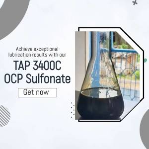 Image of a flask containing dark liquid with text promoting TAP 3400C OCP Sulfonate for lubrication.