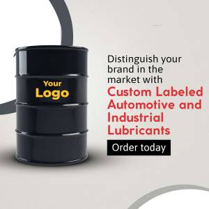 Oil drum with a customizable logo and text promoting custom labeled industrial lubricants.