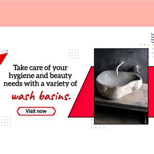 Image of a stone wash basin with promotional text about hygiene and beauty needs.