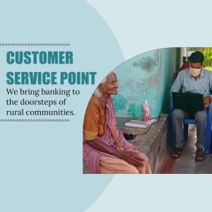 A bank representative assisting an elderly woman in a rural setting.