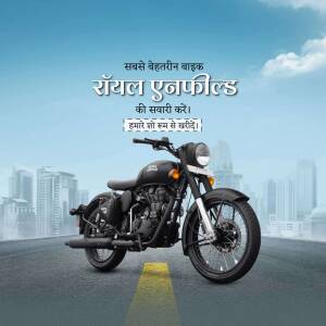 Black Royal Enfield motorcycle on a road with a city skyline in the background.