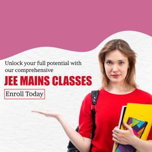 A young woman holding books and gesturing towards an advertisement for JEE Mains classes.