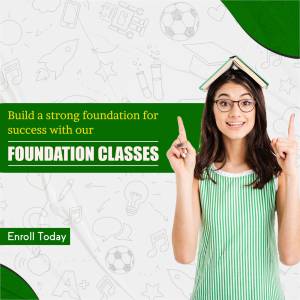 Young woman pointing upwards with text promoting foundation classes