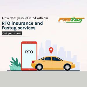 Image promoting Fastag RTO insurance and services with a smartphone and car illustration.
