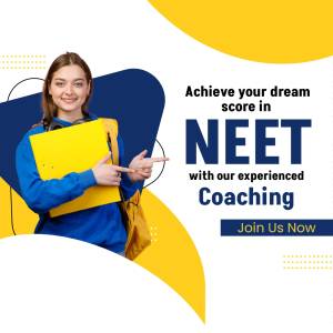 Young woman pointing towards NEET text with coaching promotion