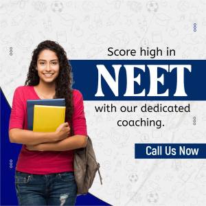 A young woman holding books with NEET exam promotion