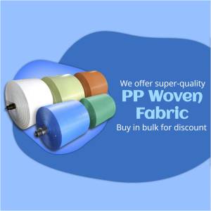 Rolls of colorful PP woven fabric with promotional text