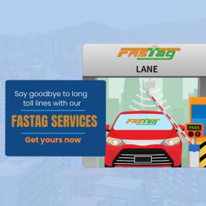 Image of a red car passing through a Fastag lane with the tagline 'Say goodbye to long toll lines'.