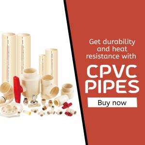 Assortment of CPVC pipes and fittings with text promoting durability and heat resistance.