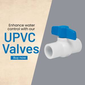 Close-up of a blue and white UPVC valve against a beige and gray background.