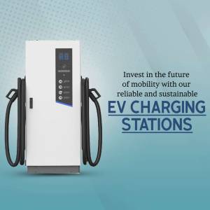 White EV charging station with cables against a blue gradient background
