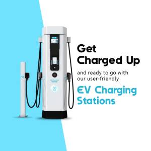 White EV charging station with blue and white background and text promoting EV charging solutions.