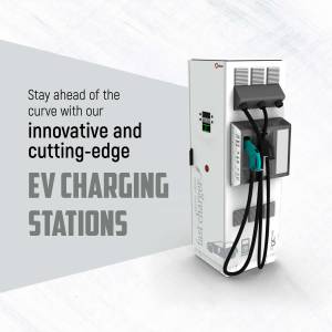 A white EV charging station with charging cables connected, promoting fast charging solutions.