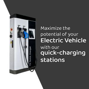 Image of an EV quick charging station with a blue charging cable connected.
