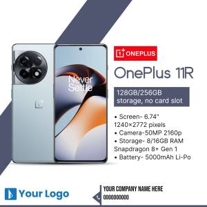 OnePlus 11R smartphone with specifications displayed