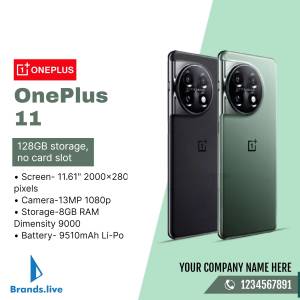 OnePlus 11 smartphone with specifications displayed on a green background.