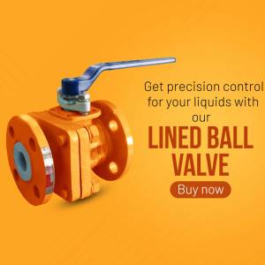 Orange lined ball valve with blue handle and text promoting precision liquid control.