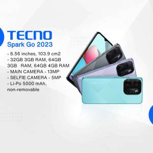 Tecno Spark Go 2023 smartphone in multiple colors with specifications
