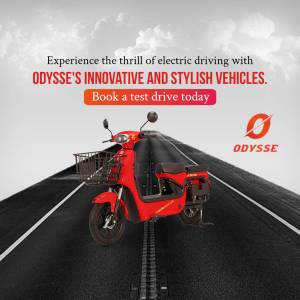 Red Odysse electric scooter on a road with text promoting test drives.